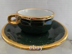 Vintage Pillivuyt France MCM Demitasse Espresso Cups Saucers Green Gold Set of 8