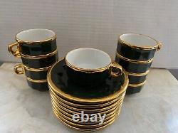 Vintage Pillivuyt France MCM Demitasse Espresso Cups Saucers Green Gold Set of 8