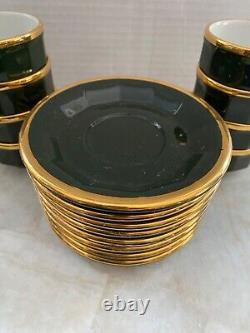 Vintage Pillivuyt France MCM Demitasse Espresso Cups Saucers Green Gold Set of 8