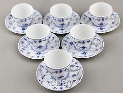 Vintage Royal Copenhagen Blue Fluted Plain Demitasse Cups & Saucers 298 X 6 Mint