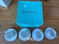 Vintage Tiffany & Co. Demitasse Cup (4)and Saucers (4). White + Gold Rim + Box