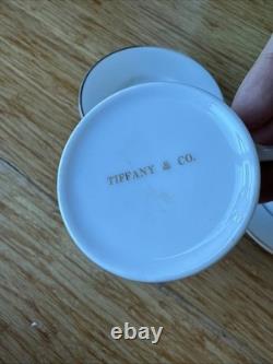 Vintage Tiffany & Co. Demitasse Cup (4)and Saucers (4). White + Gold Rim + Box