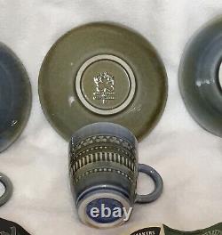 Vintage Wade Irish Porcelain Green/blue Demitasse- 4 Cups And Saucers-ireland