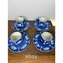 Vintage Wedgwood Jasperware Blue White Demitasse Cups Saucers Set of 4 #3