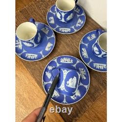 Vintage Wedgwood Jasperware Blue White Demitasse Cups Saucers Set of 4 #3