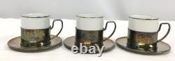 Vintage set of 3 De Uberti Porcelain and Silver Demitasse Cups and Saucers