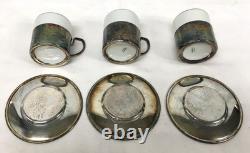 Vintage set of 3 De Uberti Porcelain and Silver Demitasse Cups and Saucers
