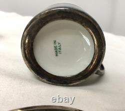 Vintage set of 3 De Uberti Porcelain and Silver Demitasse Cups and Saucers