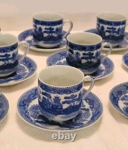 Vntg Blue Willow Demitasse Cups W Geisha Face Lithophane & Saucers Set of 10