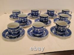 Vntg Blue Willow Demitasse Cups W Geisha Face Lithophane & Saucers Set of 10