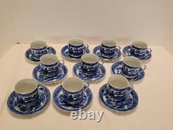 Vntg Blue Willow Demitasse Cups W Geisha Face Lithophane & Saucers Set of 10