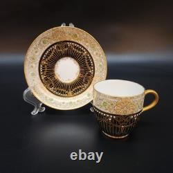Vtg 2 Piece Set Royal Worcester 1930 Demitasse Cup & Saucer Black Gold Jeweled
