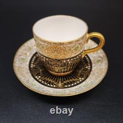 Vtg 2 Piece Set Royal Worcester 1930 Demitasse Cup & Saucer Black Gold Jeweled
