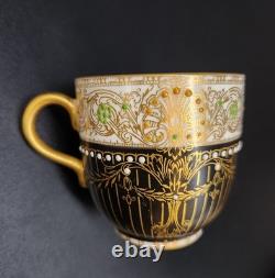 Vtg 2 Piece Set Royal Worcester 1930 Demitasse Cup & Saucer Black Gold Jeweled