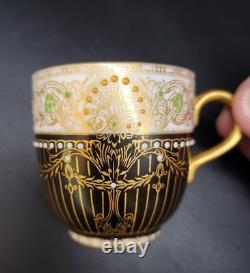 Vtg 2 Piece Set Royal Worcester 1930 Demitasse Cup & Saucer Black Gold Jeweled