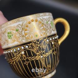 Vtg 2 Piece Set Royal Worcester 1930 Demitasse Cup & Saucer Black Gold Jeweled
