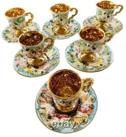 Vtg 6 Capodimonte Demitasse Espresso Cup Saucer Set Raised Relief Cherub Design