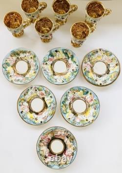 Vtg 6 Capodimonte Demitasse Espresso Cup Saucer Set Raised Relief Cherub Design
