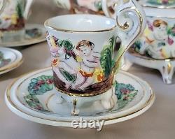 Vtg Capodimonte Demitasse Coffee Set Footed Cups&Saucers 11 Pc. Italy Signed