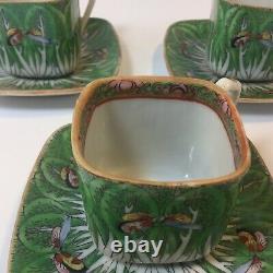 Vtg. Chinese Porcelain Cabbage Leaf & Butterflies Demitasse Cups & Saucers S/3