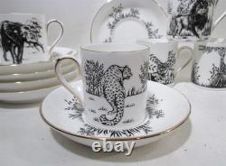 Vtg Crown Staffordshire England African Animals Black 6 Demitasse Cups & Saucers