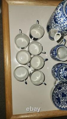 Vtg Japan Blue Phoenix Demitasse Coffee Set Pot, Creamer, Sugar, 7 Cups &Saucers