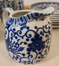 Vtg Japan Blue Phoenix Demitasse Coffee Set Pot, Creamer, Sugar, 7 Cups &Saucers