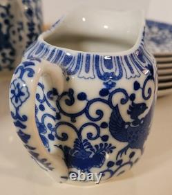 Vtg Japan Blue Phoenix Demitasse Coffee Set Pot, Creamer, Sugar, 7 Cups &Saucers