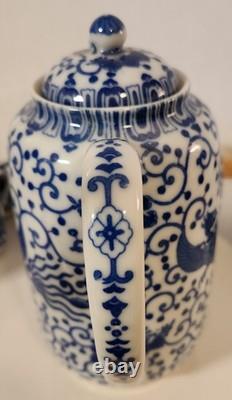 Vtg Japan Blue Phoenix Demitasse Coffee Set Pot, Creamer, Sugar, 7 Cups &Saucers