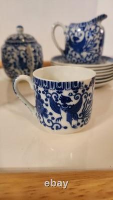 Vtg Japan Blue Phoenix Demitasse Coffee Set Pot, Creamer, Sugar, 7 Cups &Saucers