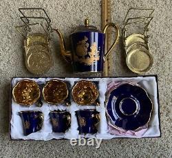 Vtg Limoges Teapot, 6 Gold Encrusted Cobalt Blue Demitasse Cups, Saucer withstands