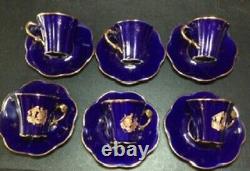 Vtg Limoges Teapot, 6 Gold Encrusted Cobalt Blue Demitasse Cups, Saucer withstands