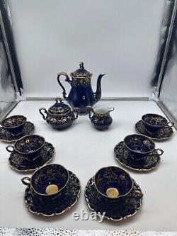 Vtg Lindner Kueps Bavaria Etch Cobalt Demitasse Coffee Pot with6 Cups Saucers 17pc