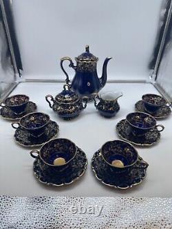 Vtg Lindner Kueps Bavaria Etch Cobalt Demitasse Coffee Pot with6 Cups Saucers 17pc