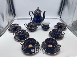 Vtg Lindner Kueps Bavaria Etch Cobalt Demitasse Coffee Pot with6 Cups Saucers 17pc