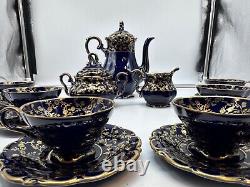 Vtg Lindner Kueps Bavaria Etch Cobalt Demitasse Coffee Pot with6 Cups Saucers 17pc