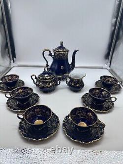 Vtg Lindner Kueps Bavaria Etch Cobalt Demitasse Coffee Pot with6 Cups Saucers 17pc