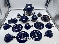 Vtg Lindner Kueps Bavaria Etch Cobalt Demitasse Coffee Pot with6 Cups Saucers 17pc