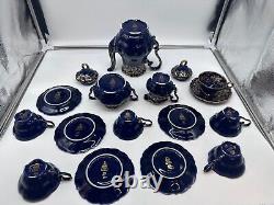 Vtg Lindner Kueps Bavaria Etch Cobalt Demitasse Coffee Pot with6 Cups Saucers 17pc