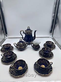 Vtg Lindner Kueps Bavaria Etch Cobalt Demitasse Coffee Pot with6 Cups Saucers 17pc