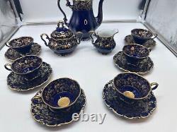 Vtg Lindner Kueps Bavaria Etch Cobalt Demitasse Coffee Pot with6 Cups Saucers 17pc