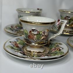 Vtg R. Capodimonte Italian Porcelain 6 Sets Demitasse Cups&Saucers Cherubs Design