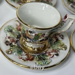 Vtg R. Capodimonte Italian Porcelain 6 Sets Demitasse Cups&Saucers Cherubs Design