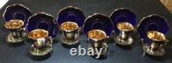 WOW! VTG Limoges 6 Gold Encrusted Cobalt Blue Demitasse Cups and Saucer withstands