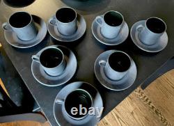 Wedgewood Black Basalt Set Of 7 Bond Shape Demitasse Cups And Saucers