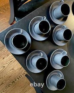 Wedgewood Black Basalt Set of 7 Bond Shape Demitasse Cups and Saucers
