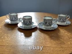 Wedgwood Black Florentine bone china 4 demitasse cups & saucers W4312