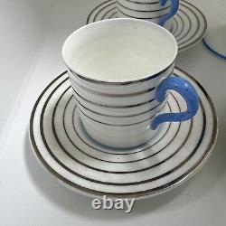 Wedgwood Bone China England Demitasse Cup Saucer Set Striped Platinum Blue