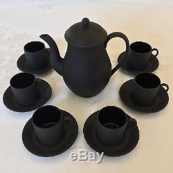 Wedgwood England Black Basalt Demitasse Set (Coffee Pot w Six Cup & Saucer) 1964