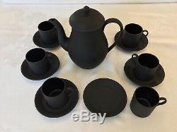 Wedgwood England Black Basalt Demitasse Set (Coffee Pot w Six Cup & Saucer) 1964